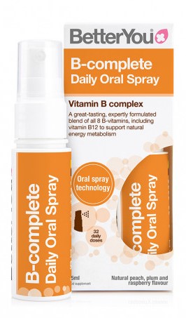 B-kompleks B-complete Daglig mundspray, naturlig fersken, blomme og hindbær 25 ml