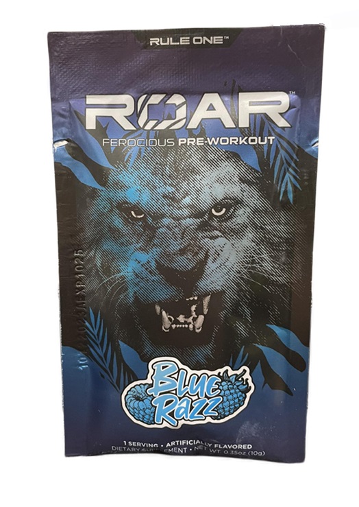 Præ-træningsprodukt med stimulerende virkning Rule One Roar, Blue Razz 10g (1 serving)