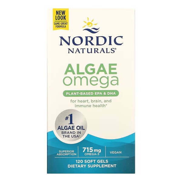 Omega-3 fiskeolie  Algae Omega, 715 mg omega-3  120 bløde kapsler