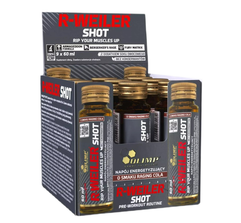Præ-træningsprodukt med stimulerende virkning R-Weiler Shot, Raging Cola (EAN 5901330096273) - 9 x 60 ml.