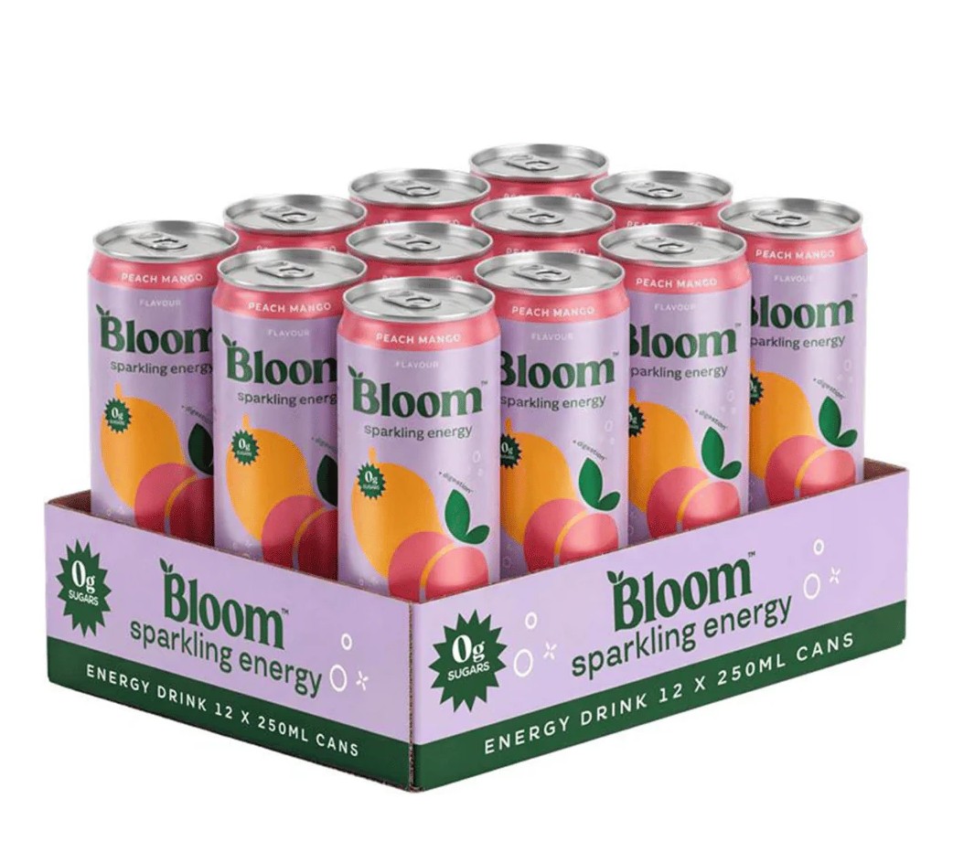 Bloom Sprudlende energi, fersken-mango 12 x 250 ml