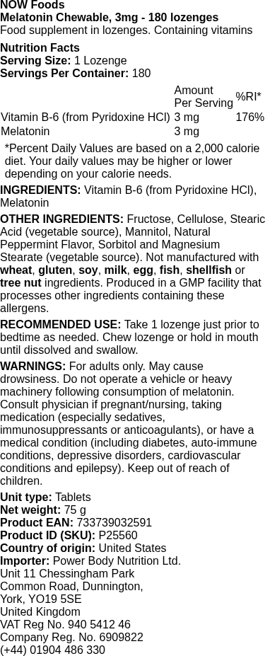 Melatonin Chewable, 3mg - 180 lozenges