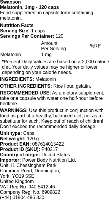Melatonin, 1mg - 120 caps