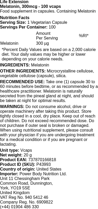 Melatonin, 300mcg - 100 vcaps